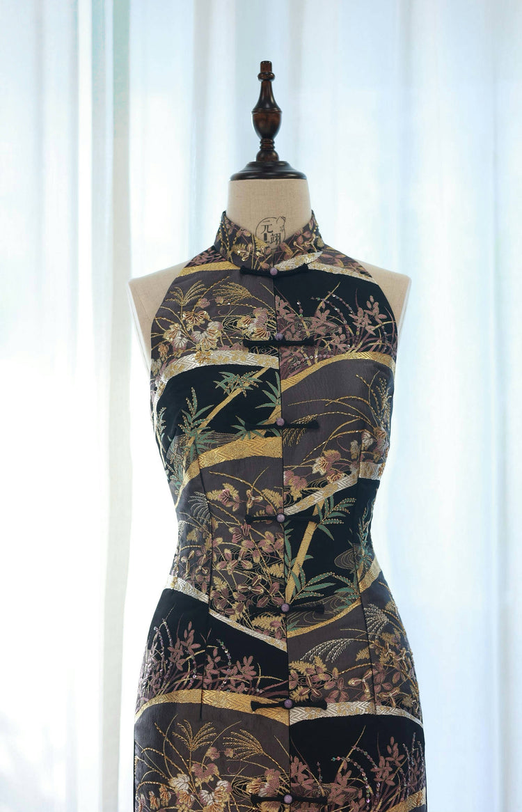 Dark Purple Patchwork Nishijin Brocade Vest Qipao (Exclusive Piece) 紫金繁花西陣織旗袍(孤品)
