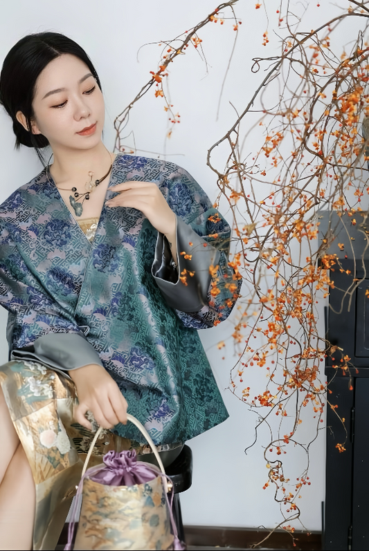 Song Brocade Purple-Blue Floral Jacket 宋錦紫青繁花外套