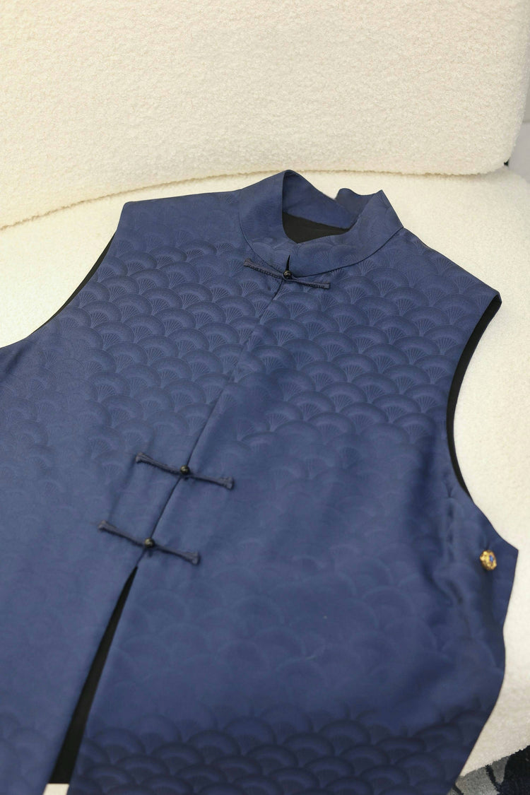 Dark Blue Cloud Fan Brocade Vest 深藍雲扇紋提花馬甲