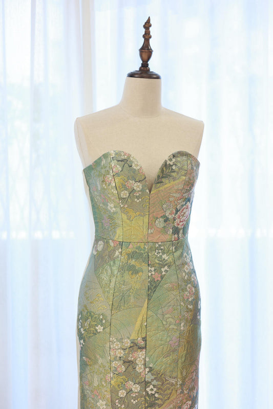 Gold-Green Nishijin Brocade Strapless Evening Gown (Exclusive Piece) 金綠西陣織抹胸禮裙 (孤品)
