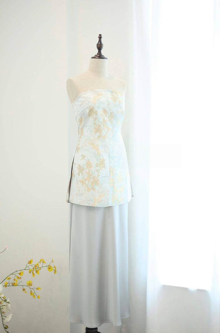 Strapless Silk Jacquard Top in Silver Blue 銀藍真絲提花抹胸上衣