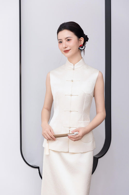 Ivory Silk Jacquard Vest Set 象牙白真絲提花馬甲套裝
