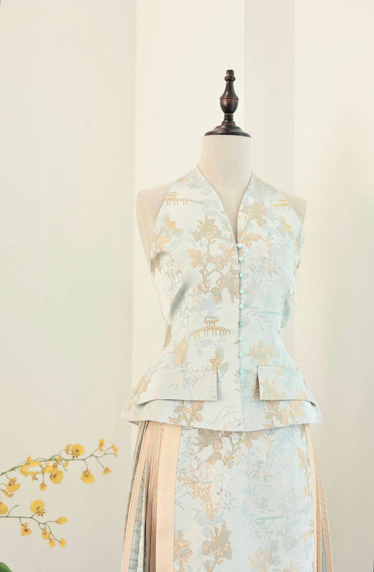 Gold-Blue Silk Jacquard Halter Vest 金藍真絲提花掛脖馬甲
