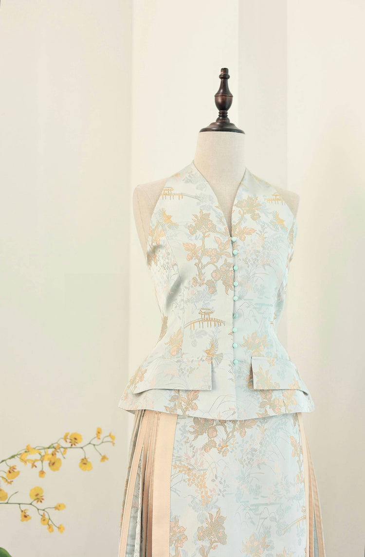 Gold-Blue Silk Jacquard Halter Vest 金藍真絲提花掛脖馬甲