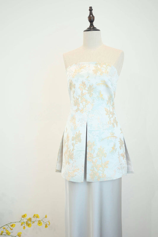 Strapless Silk Jacquard Top in Silver Blue 銀藍真絲提花抹胸上衣