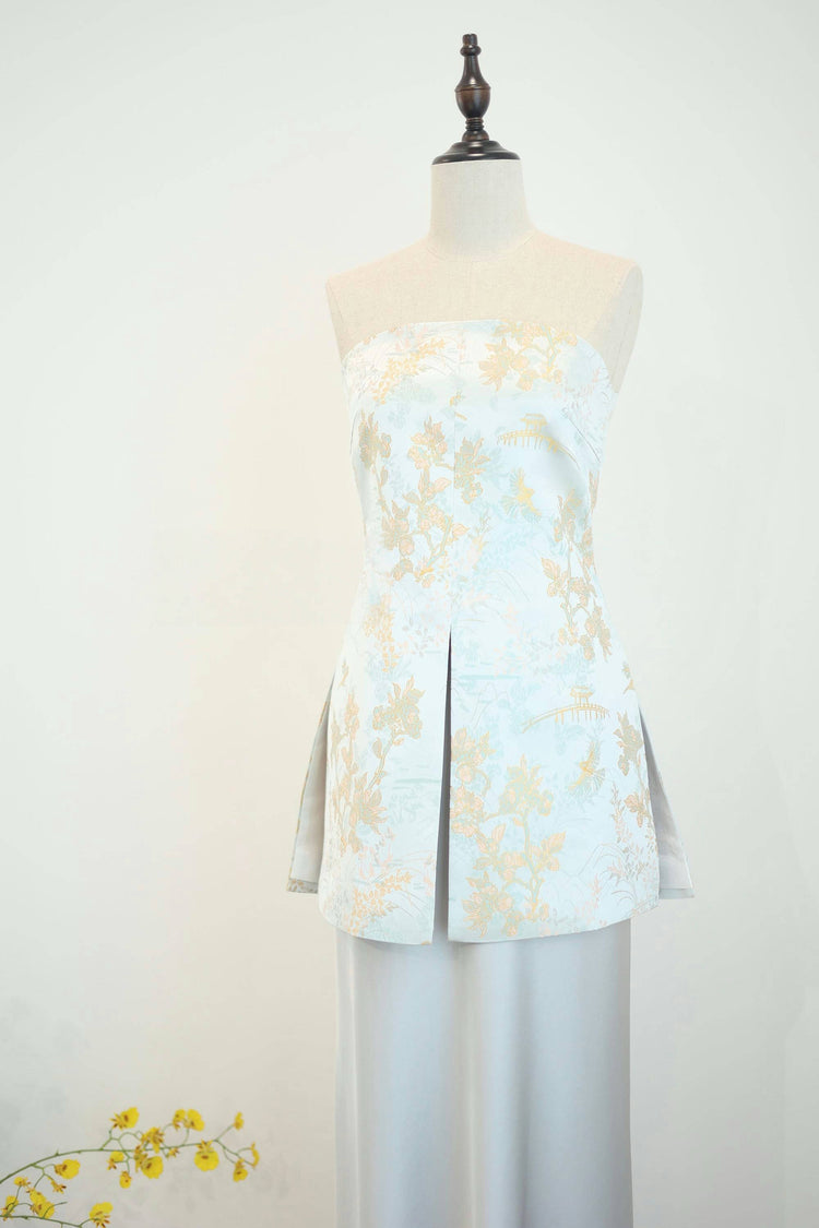 Strapless Silk Jacquard Top in Silver Blue 銀藍真絲提花抹胸上衣