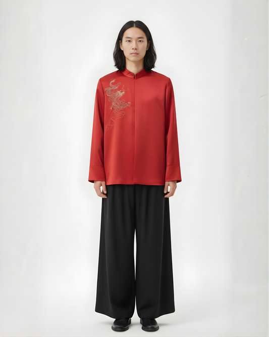 Red Silk Tang Jacket with Golden Dragon Embroidery 紅色真絲金龍刺繡唐裝
