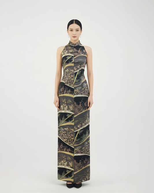 Dark Purple Patchwork Nishijin Brocade Vest Qipao (Exclusive Piece) 紫金繁花西陣織旗袍(孤品)