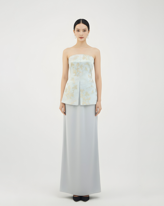 Strapless Silk Jacquard Top in Silver Blue 銀藍真絲提花抹胸上衣