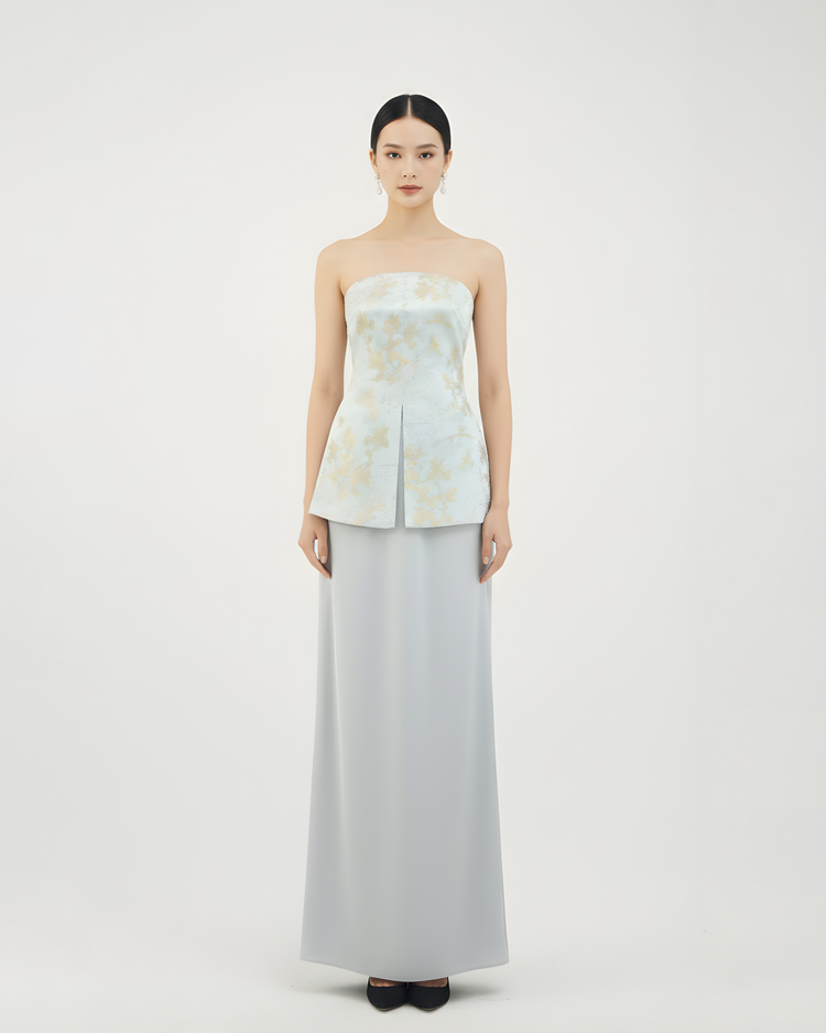 Strapless Silk Jacquard Top in Silver Blue 銀藍真絲提花抹胸上衣