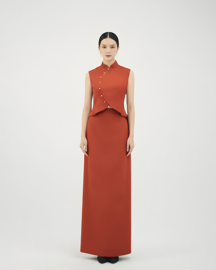 Vermilion Silk Jacquard New Chinese Style Set 朱砂真絲提花新中式套裝