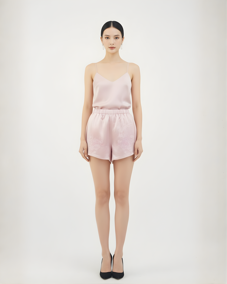 Silken Echo Shorts with Embroidered Birdsong 繡影雀語真絲短褲