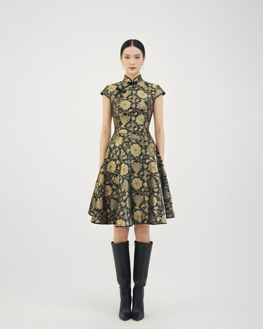 Black-Gold Brocade Modern Chinese Style Dress 黑金織錦緞新中式旗袍連衣裙