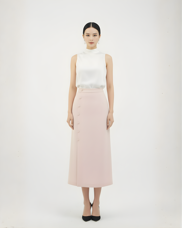 Silk Skirt with Decorative Frog Buttons 粉色真絲一字扣假襟半裙