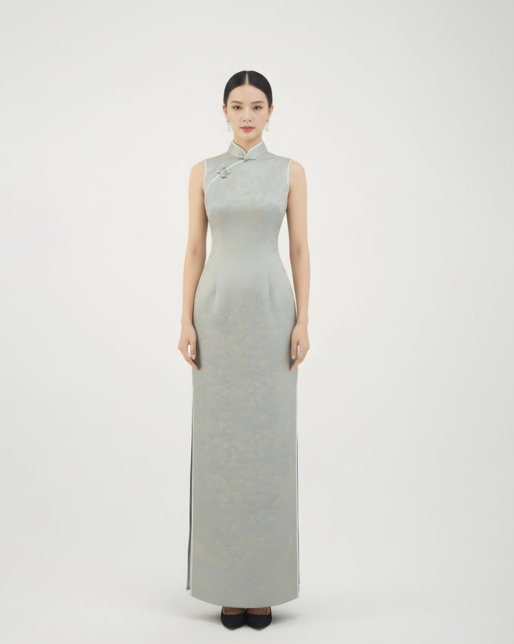 Silver-Backed Gold Pine Jacquard Qipao with Double Edging 銀底金松提花雙緄邊旗袍