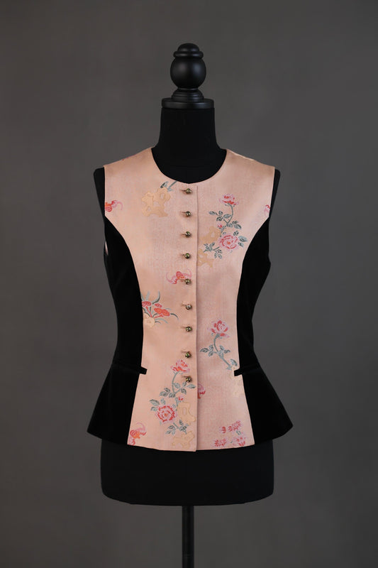 Pink Floral Song Brocade & Velvet Vest 粉黛流芳宋錦絲絨馬甲