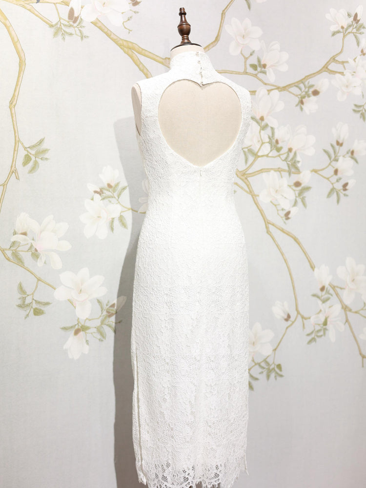 White Lace Heart Cutout Qipao Set 白色蕾絲心形鏤空旗袍套裝