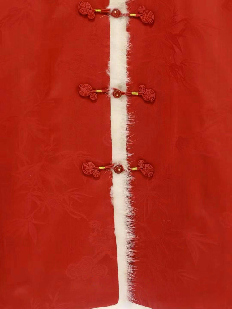 Red Silk Jacquard Mink-Trimmed Quilted Jacket 紅色夾棉真絲提花水貂毛外套