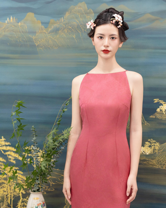 Peony Mist – Pink Silk Jacquard Dress 牡丹煙霞・粉紅真絲提花連衣裙