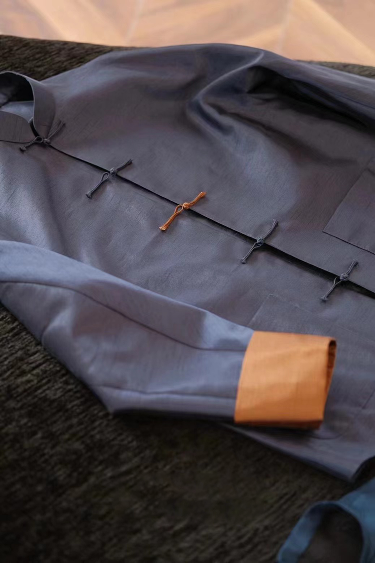 Navy Blue Twin Cocoon Silk Contrast Trim Tang-Style Jacket 深藍色雙宮綢撞色翻袖唐裝外套