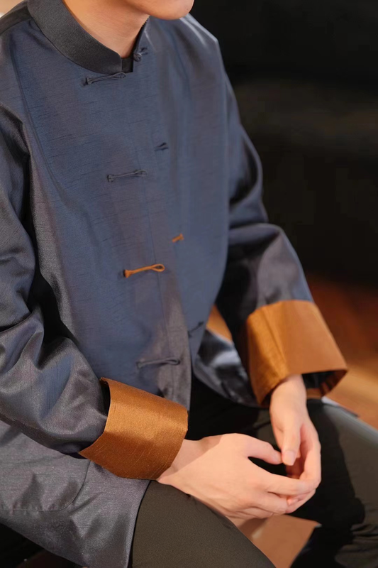 Navy Blue Twin Cocoon Silk Contrast Trim Tang-Style Jacket 深藍色雙宮綢撞色翻袖唐裝外套