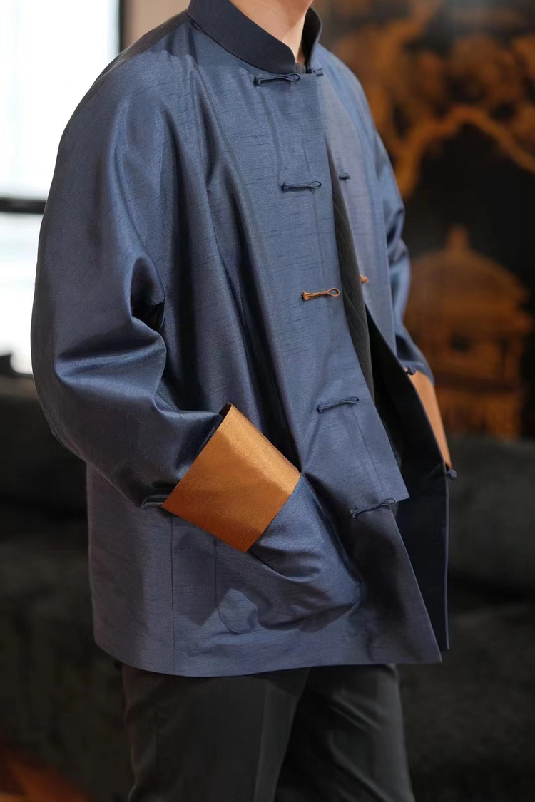 Navy Blue Twin Cocoon Silk Contrast Trim Tang-Style Jacket 深藍色雙宮綢撞色翻袖唐裝外套
