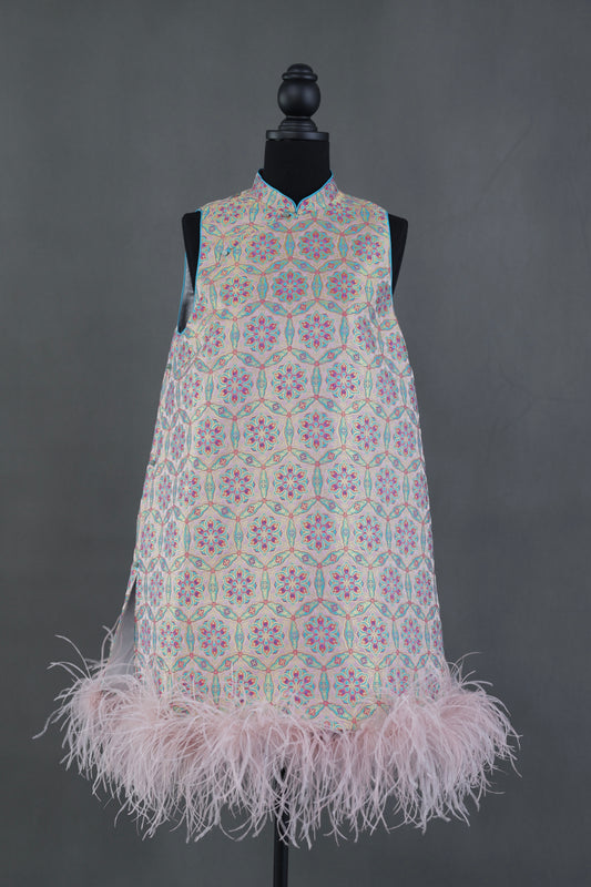 Pink Song Brocade & Ostrich Feather New Chinese Dress 粉色宋錦鴕鳥毛新中式連衣裙