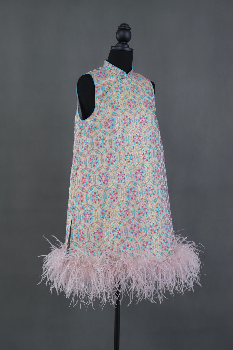 Pink Song Brocade & Ostrich Feather New Chinese Dress 粉色宋錦鴕鳥毛新中式連衣裙