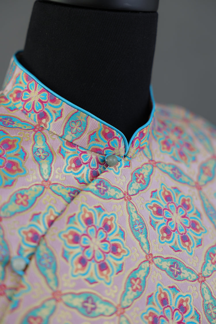 Pink Song Brocade & Ostrich Feather New Chinese Dress 粉色宋錦鴕鳥毛新中式連衣裙