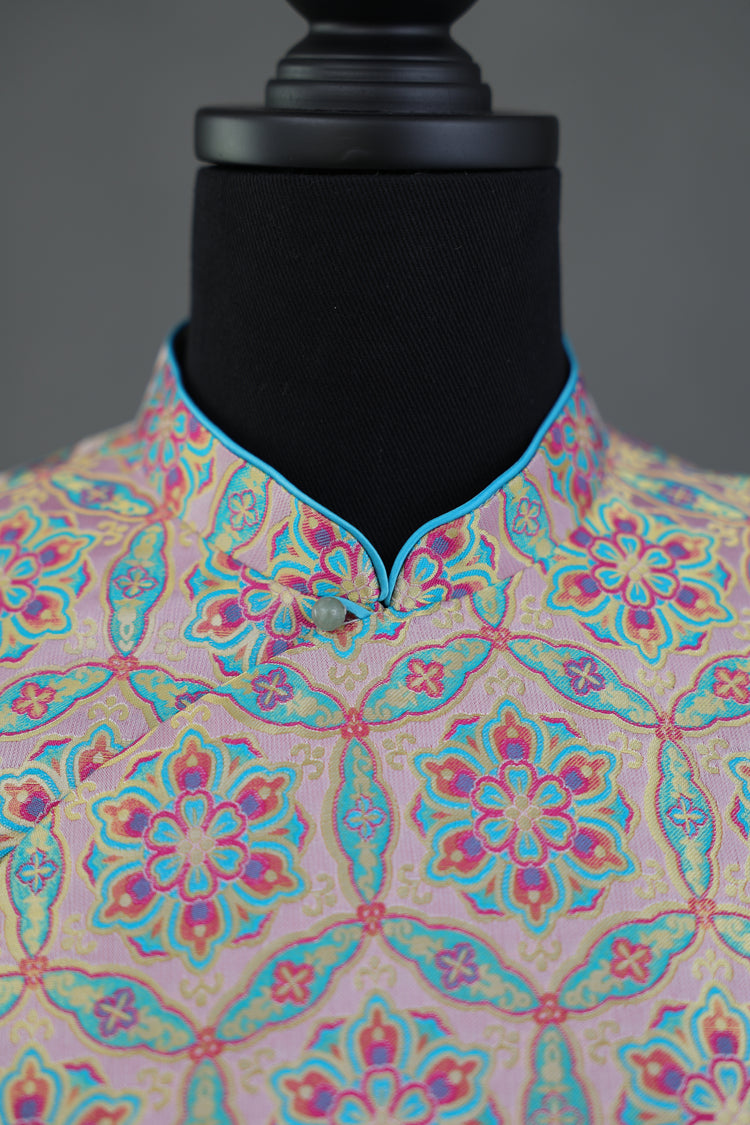 Pink Song Brocade & Ostrich Feather New Chinese Dress 粉色宋錦鴕鳥毛新中式連衣裙