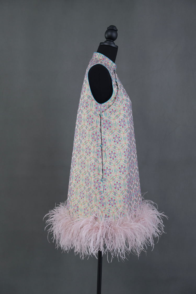 Pink Song Brocade & Ostrich Feather New Chinese Dress 粉色宋錦鴕鳥毛新中式連衣裙