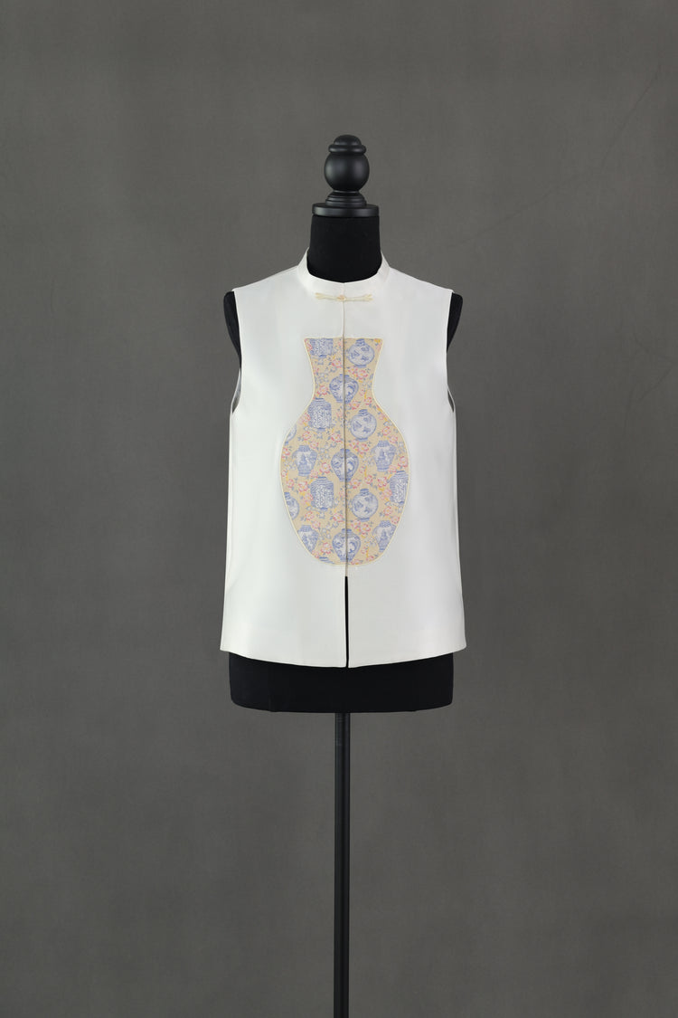 White Silk-Wool & Song Brocade Vase Vest 白色絲毛宋錦寶瓶馬甲