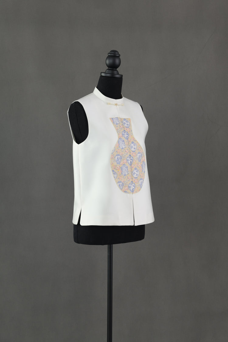 White Silk-Wool & Song Brocade Vase Vest 白色絲毛宋錦寶瓶馬甲