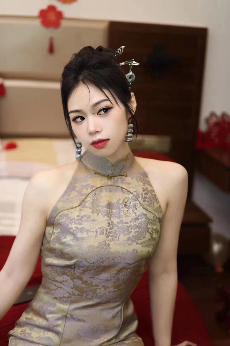Golden Pavilion Brocade Halterneck Cheongsam 金絲亭臺樓閣提花坎肩旗袍