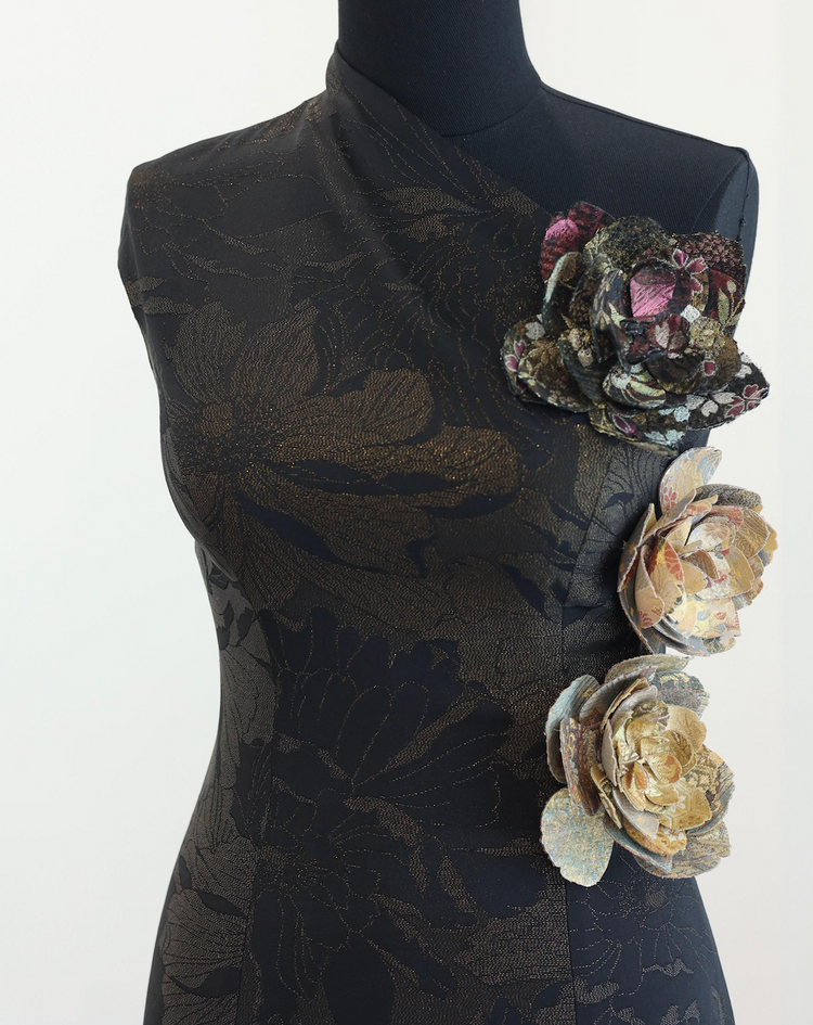 One-Shoulder Song Brocade Gown with Handmade Flowers 宋錦手作花斜肩禮服