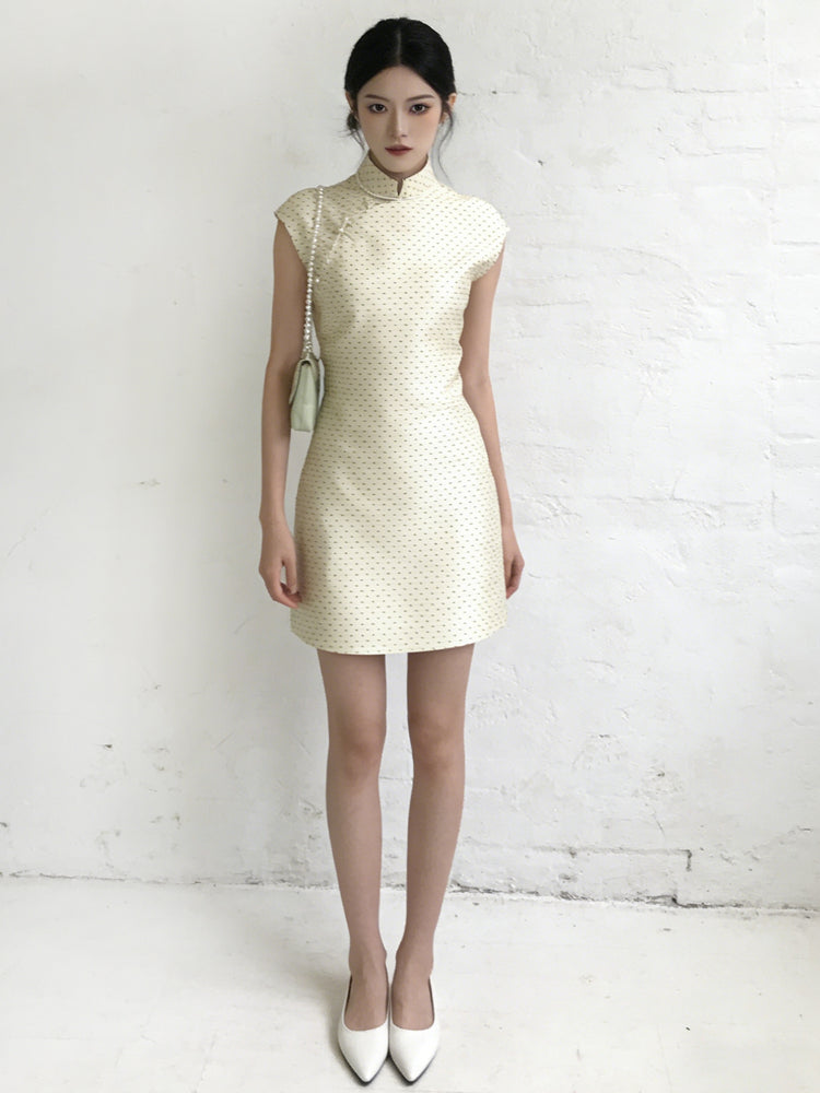 Beige Polka Dot Song Brocade Mini Cheongsam 米色波點宋錦短旗袍
