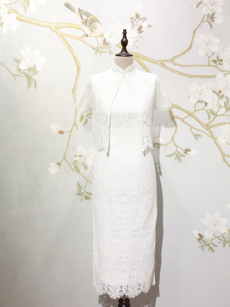 White Lace Heart Cutout Qipao Set 白色蕾絲心形鏤空旗袍套裝