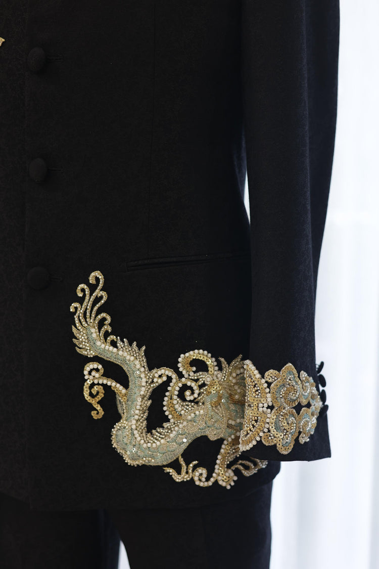 Black Mandarin Jacket with Gold Embroidered Auspicious Dragon 玄黑金繡祥龍中山裝
