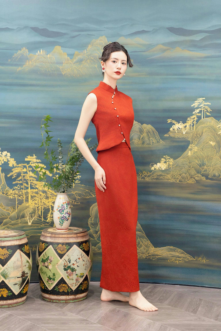 Vermilion Silk Jacquard New Chinese Style Set 朱砂真絲提花新中式套裝