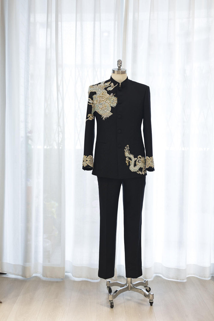 Black Mandarin Jacket with Gold Embroidered Auspicious Dragon 玄黑金繡祥龍中山裝