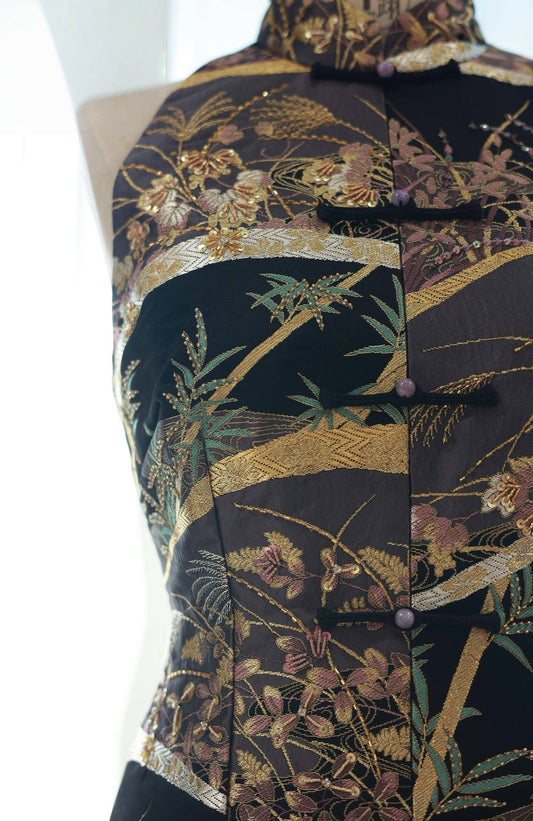 Dark Purple Patchwork Nishijin Brocade Vest Qipao (Exclusive Piece) 紫金繁花西陣織旗袍(孤品)