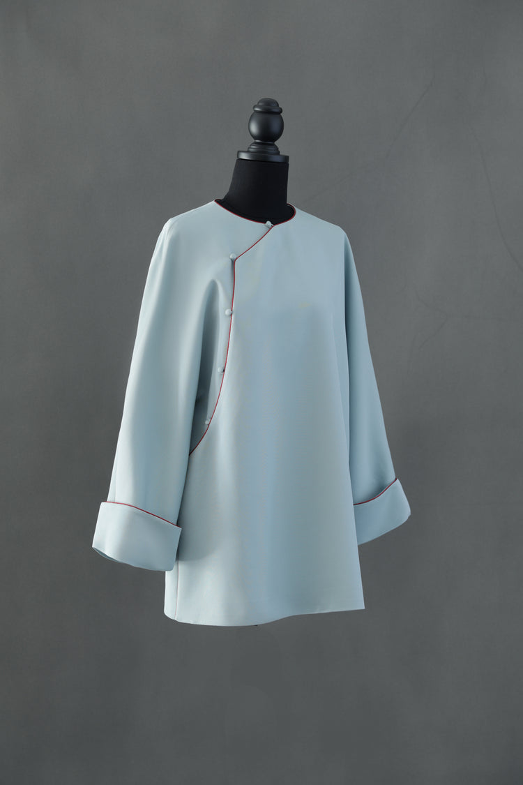 Light Blue Acetate Pearl Satin Overcoat 淡藍醋酸珍珠緞斜襟長衫