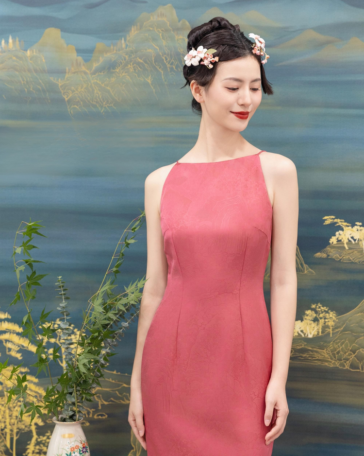 Peony Mist – Pink Silk Jacquard Dress 牡丹煙霞・粉紅真絲提花連衣裙