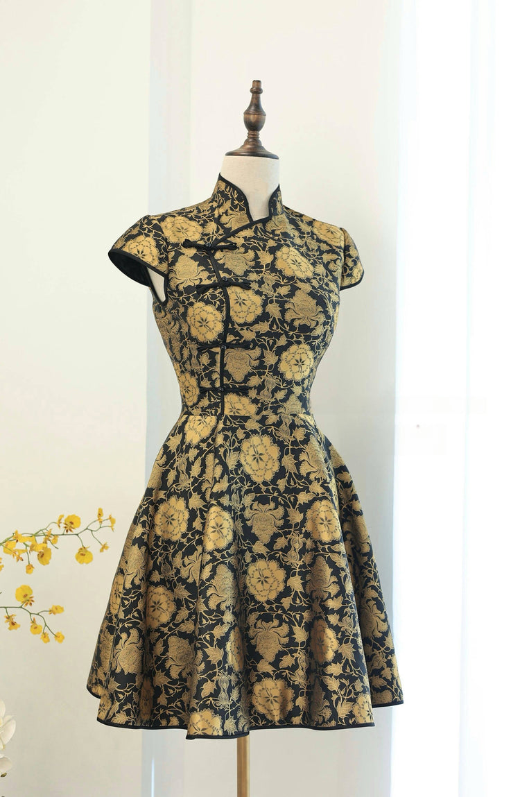 Black-Gold Brocade Modern Chinese Style Dress 黑金織錦緞新中式旗袍連衣裙