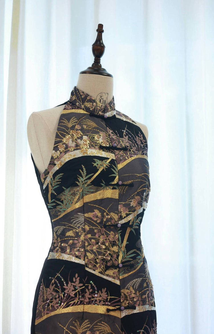 Dark Purple Patchwork Nishijin Brocade Vest Qipao (Exclusive Piece) 紫金繁花西陣織旗袍(孤品)