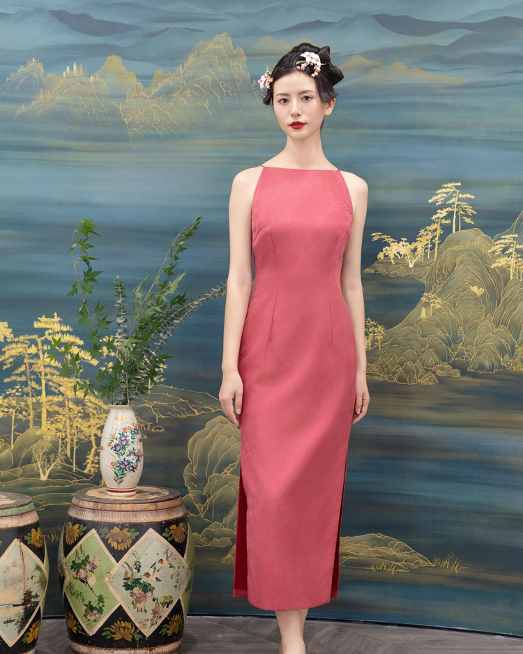 Peony Mist – Pink Silk Jacquard Dress 牡丹煙霞・粉紅真絲提花連衣裙