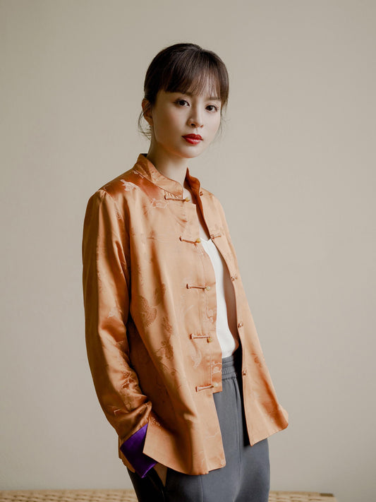 Purple Turn-Up Sleeve Orange Silk Lightweight Jacket 紫色翻袖橙色真絲薄外套