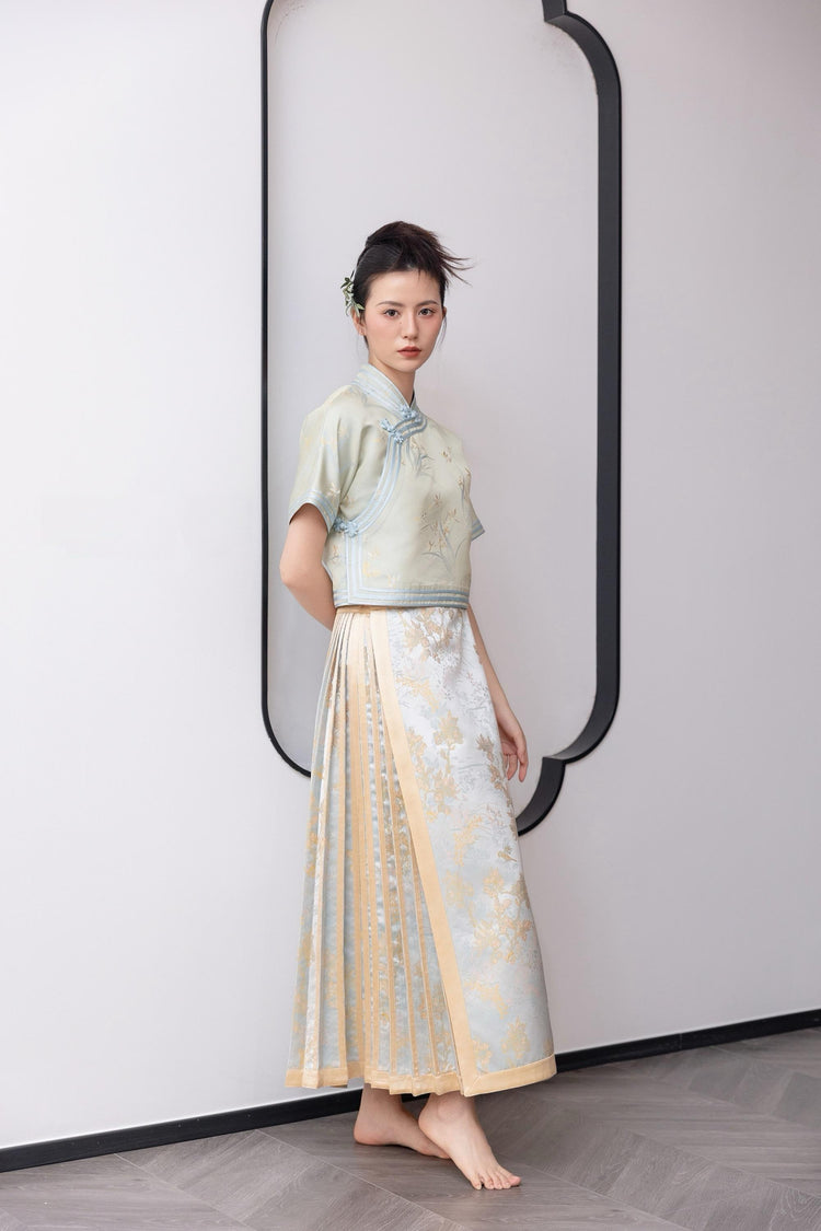 Turquoise Song Brocade Short-Sleeve Full-Opening Shirt 藍綠色宋錦全開襟短袖