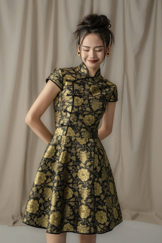 Black-Gold Brocade Modern Chinese Style Dress 黑金織錦緞新中式旗袍連衣裙