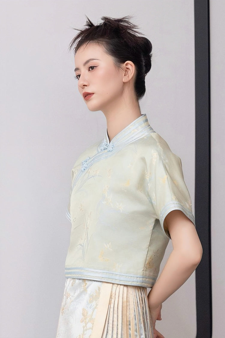 Turquoise Song Brocade Short-Sleeve Full-Opening Shirt 藍綠色宋錦全開襟短袖